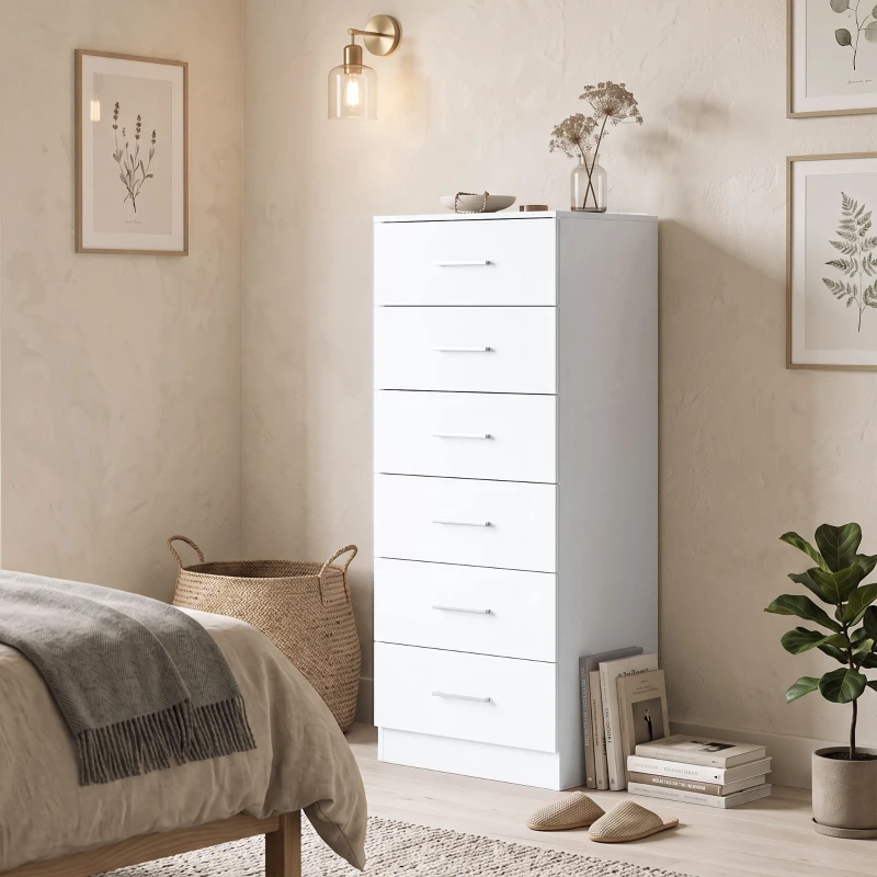 HOMCOM Comodă cu 6 sertare comodă înaltă pentru dormitor cu sistem anti-răsturnare 40x40x110 cm Alb