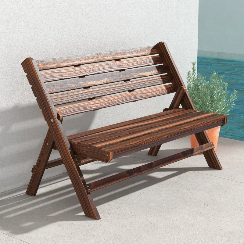 Outsunny Panchina da Giardino 2 Posti Pieghevole a Doghe in Legno di Pino, 122x63x83 cm, Carbonizzato