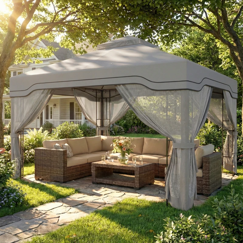 Outsunny 3 x 3.6 m Outdoor Garden Gazebo with Post Shelves, UPF50+ Patio Permanent Pavilion with Hook, Dark Grey