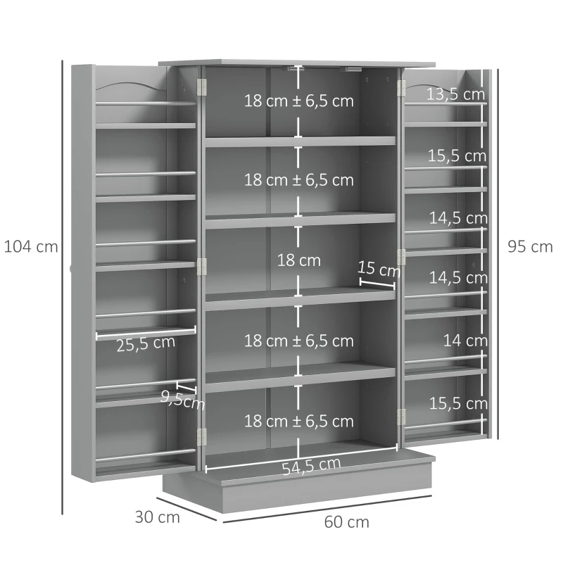 HOMCOM Armario Despensa Cocina con 2 Puertas y 16 Estantes Alacena Moderna con Estantes Ajustables 60x30x104cm Gris
