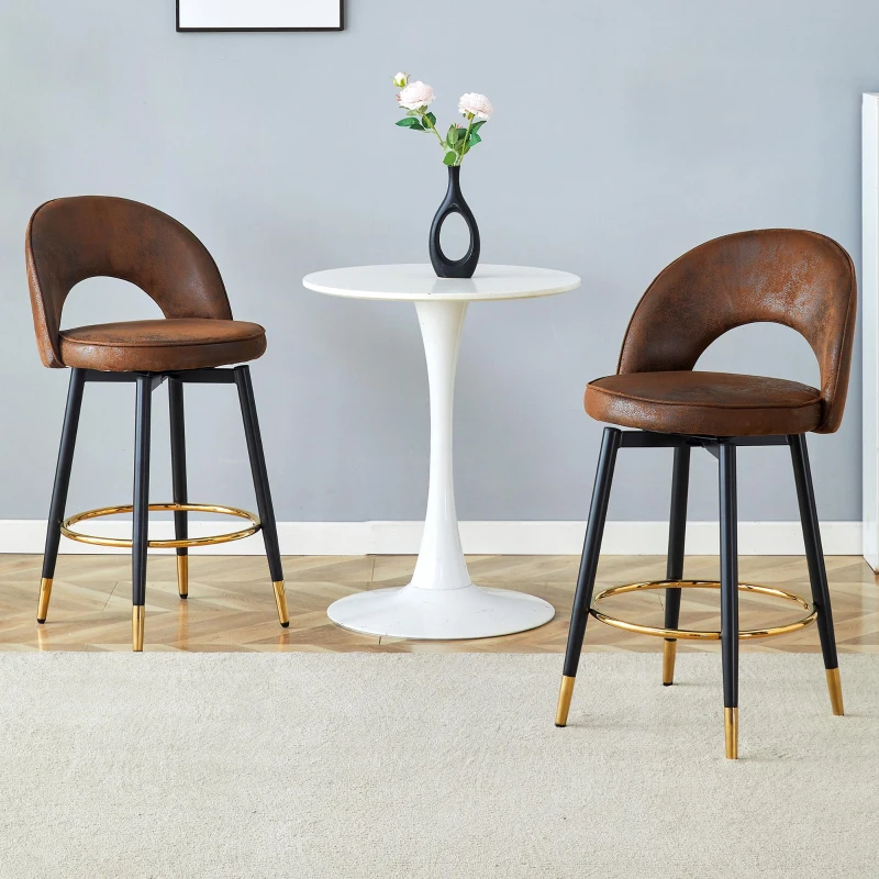 Tabouret de bar pivotant 360°, dossier ajouré design, piètement métal, 47,40x44,00x92,00 cm, Marron+Noir