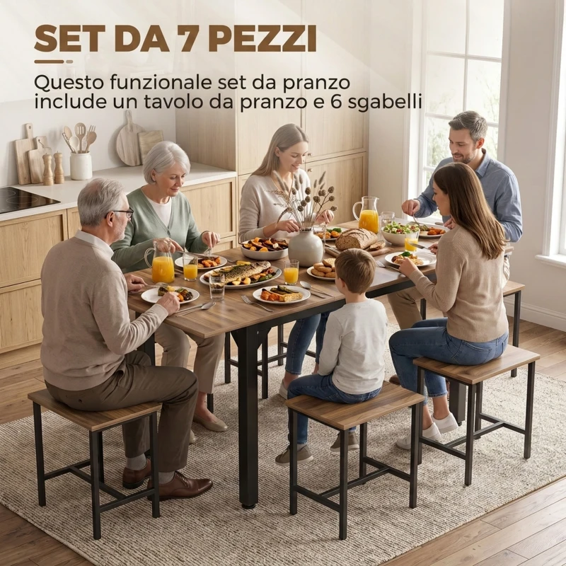 HOMCOM Set Pranzo con Tavolo Allungabile a 160cm e 6 Sgabelli per 4-6 Persone, Nero e Noce