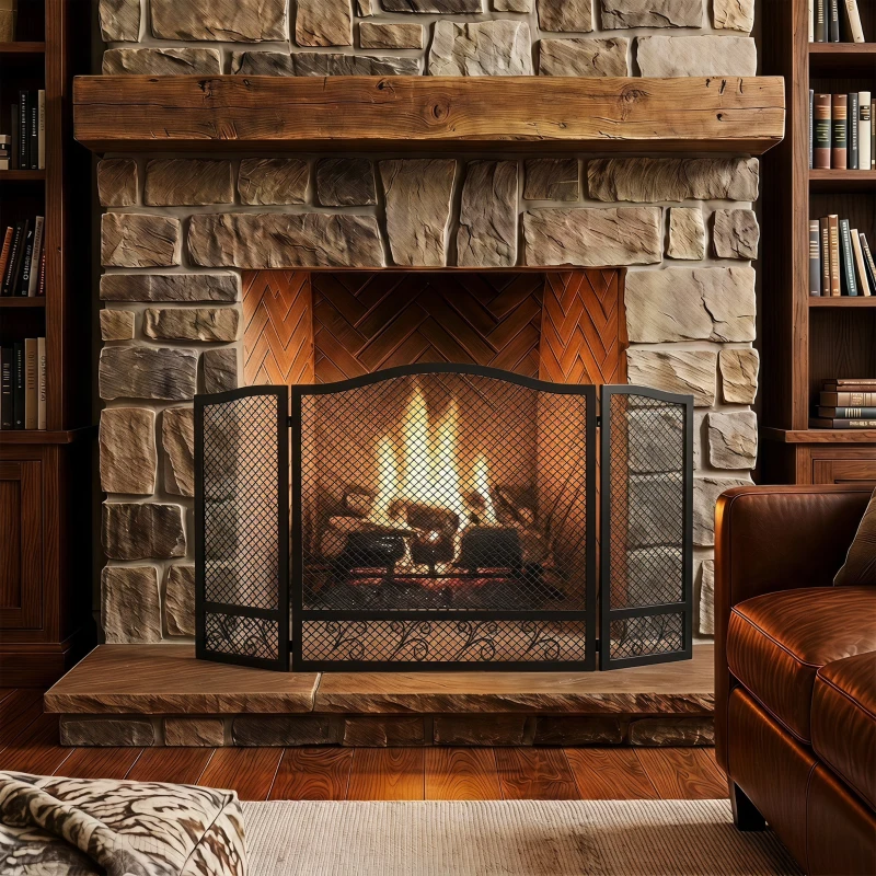 HOMCOM Salvachispas para Chimenea Plegable de 3 Paneles de Metal con Diseño Floral para Hogar 107x60 cm Negro