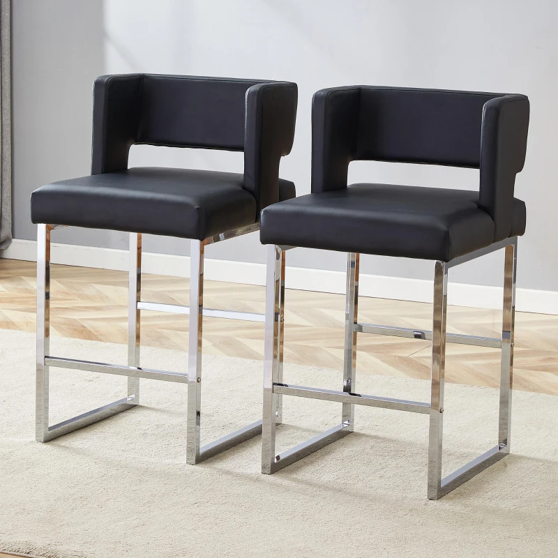 Lot de 2 tabourets de bar style nordique, structure métallique robuste avec pieds argentés, 48x53.3x91.4 cm, Noir+Argent