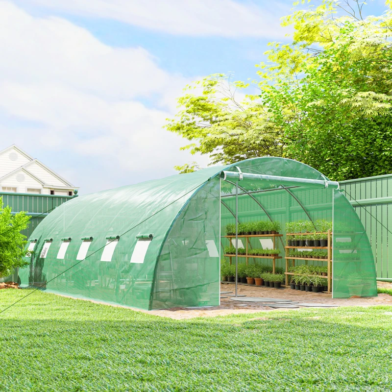 Outsunny Serre Tunnel de Jardin Serre Maraîchère Acier Galvanisé Ø25mm et Structure Renforcée 395x595x199cm Vert