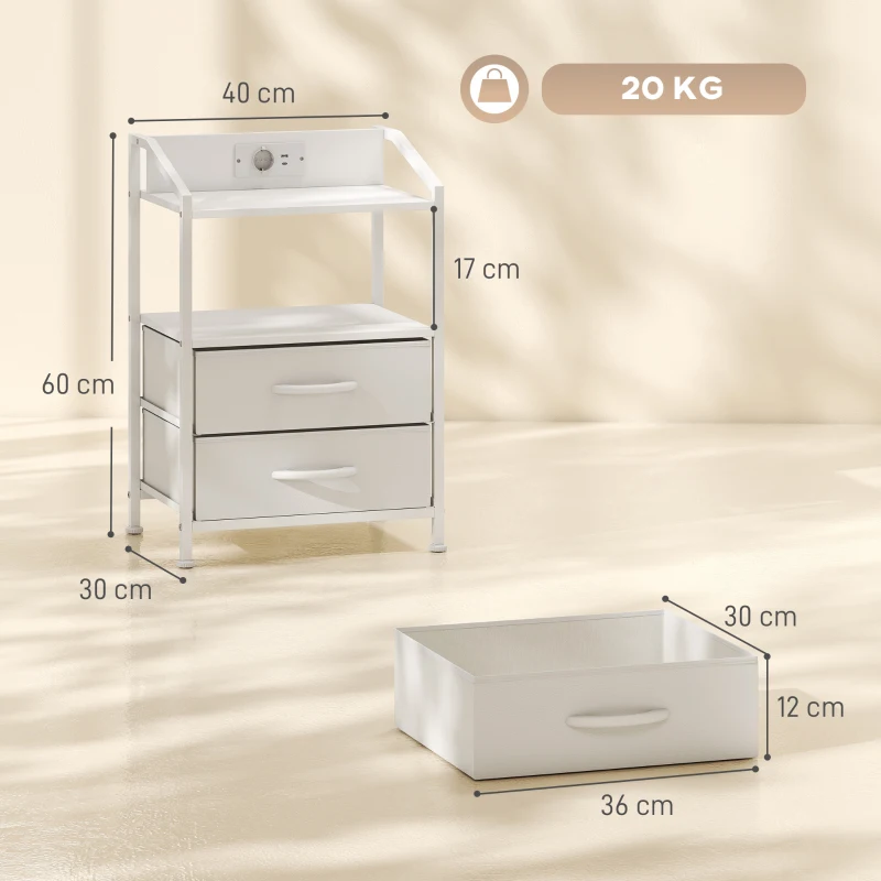 HOMCOM Set di 2 Comodini con Luci LED e Stazione di Ricarica, 40x30x60 cm, Bianco