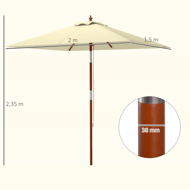 Outsunny Ombrellone Rettangolare Inclinabile 2x1.5 m con 6 Stecche e Apertura a Corda, in Bambù e Poliestere Beige