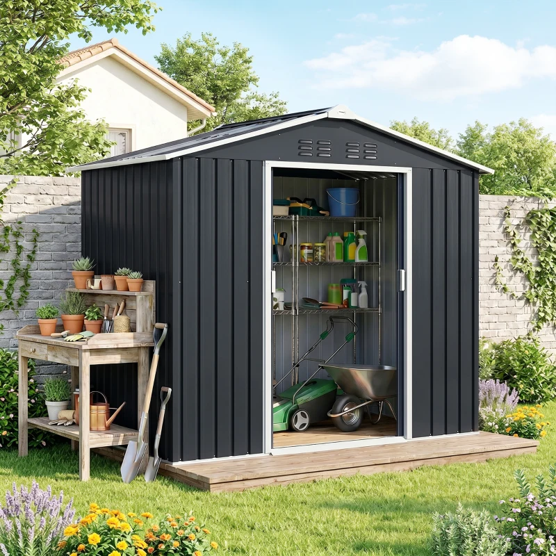 Outsunny Abri de jardin en métal 2,42 m² cabane de jardin 213 x 130 x 185 cm avec fondation, porte coulissante gris foncé