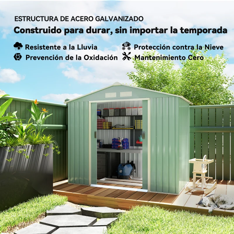 Outsunny Caseta de Jardín 213x130x185 cm Cobertizo de Exterior Metálico para Almacenamiento de Herramientas Verde Claro