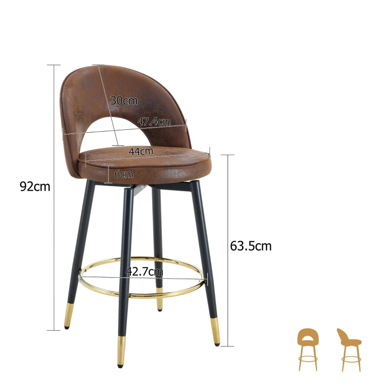 Tabouret de bar pivotant 360°, dossier ajouré design, piètement métal, 47,40x44,00x92,00 cm, Marron+Noir
