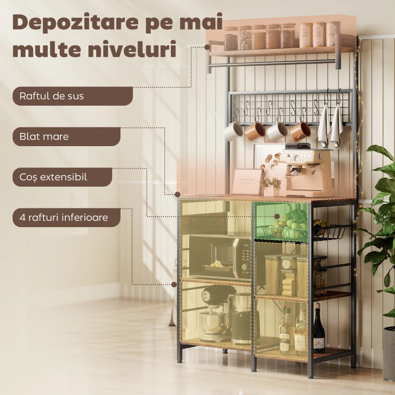HOMCOM Scaffale Bucătărie Con Prize E Led, Struttura In Oțel, Marrone Rustic