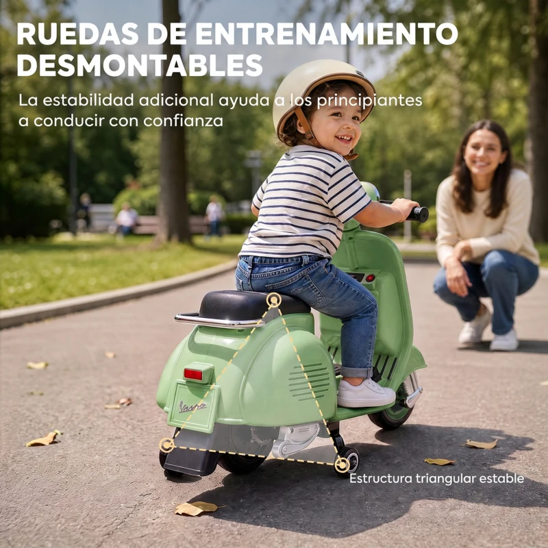 AIYAPLAY Moto Eléctrica para Niños Licencia VESPA Arranque Suave Ruedines Desmontables Luz Delantera Música, Bocina USB Verde