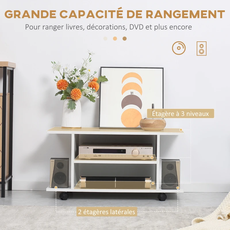 HOMCOM Meuble TV avec Roulettes 80 cm, Meuble Télé pour Téléviseur jusqu'à 42 Pouces avec Étagères Ouvertes, Style Moderne, Banc TV pour Salon, Chambre, Blanc
