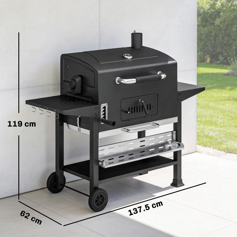 Outsunny Charcoal BBQ Grill Smoker with Electric Rotisserie Kit, Portable Barbecue Grill with Warming Rack, Black
