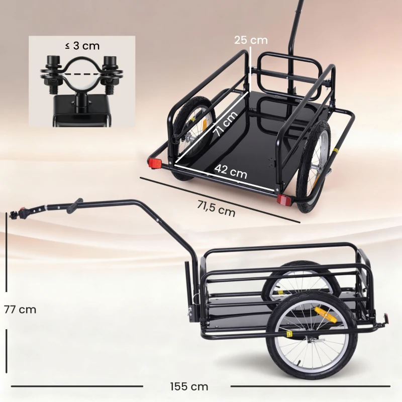 HOMCOM Remorque vélo remorque de transport pour vélo 70 L 155L x 71,5l x 77H cm poignée barre d'attelage universelle pliable acier Charge max. 40 Kg noir