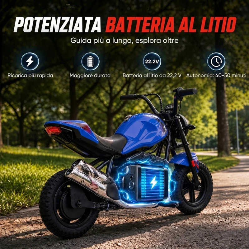 AIYAPLAY Moto da Cross Elettrica per Bambini 24V Motore 180W, 6-12 Anni, Pneumatici 30cm in Gomma, Blu