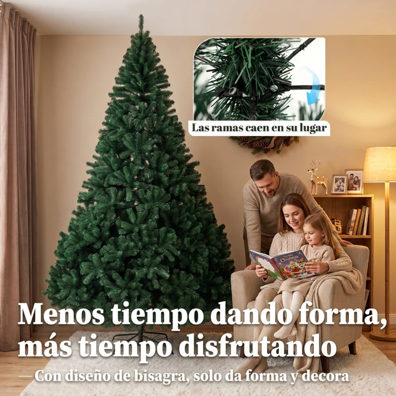 HOMCOM Árbol de Navidad de Abeto 270 cm con Ramas Articuladas 2418 Puntas de PVC Ignífugo Montaje Rápido Soporte de Acero Verde
