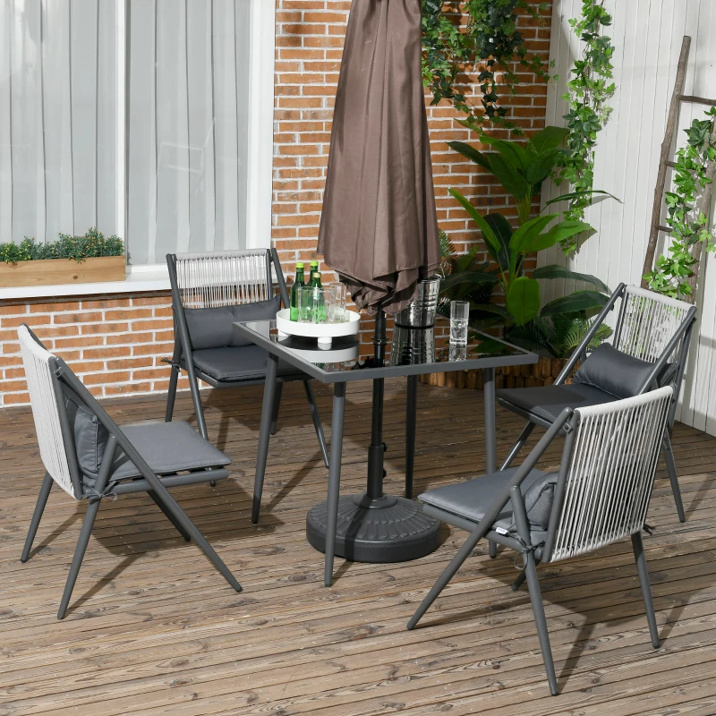 Outsunny Set da Giardino con 4 Sedie con Cuscini e Tavolo da Pranzo Quadrato in Vetro, Grigio Scuro