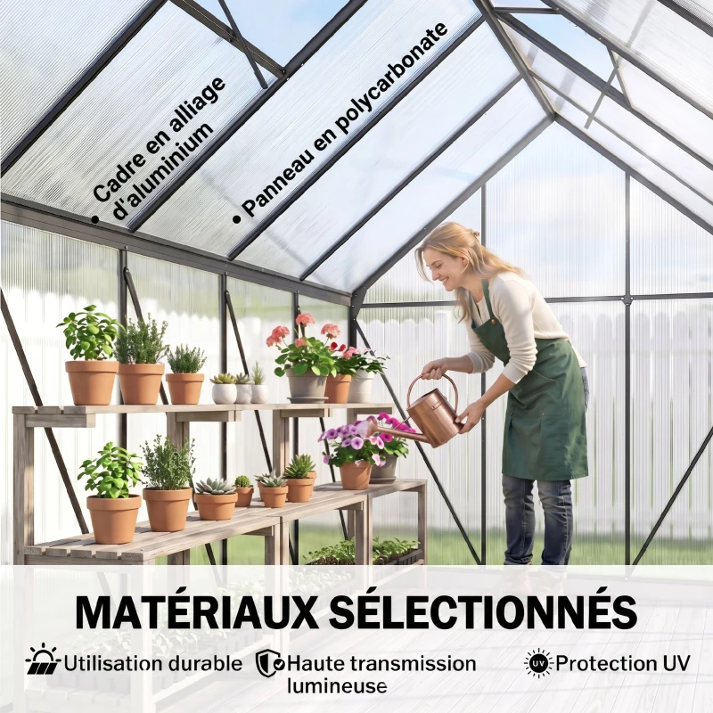Outsunny Serre de jardin en aluminium polycarbonate avec fondation, serre avec fenêtre réglable porte coulissante 190x375x199cm