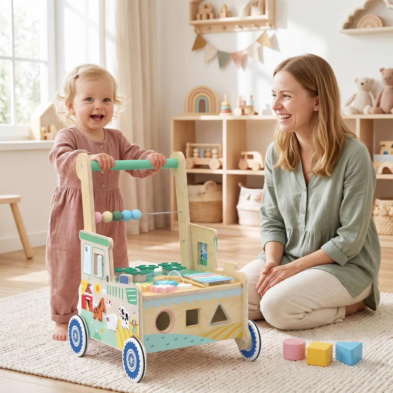 AIYAPLAY Girello per Bambini in Legno, Carrello Primi Passi con Vano Portaoggetti, per Bambini 1-3 Anni, Verde