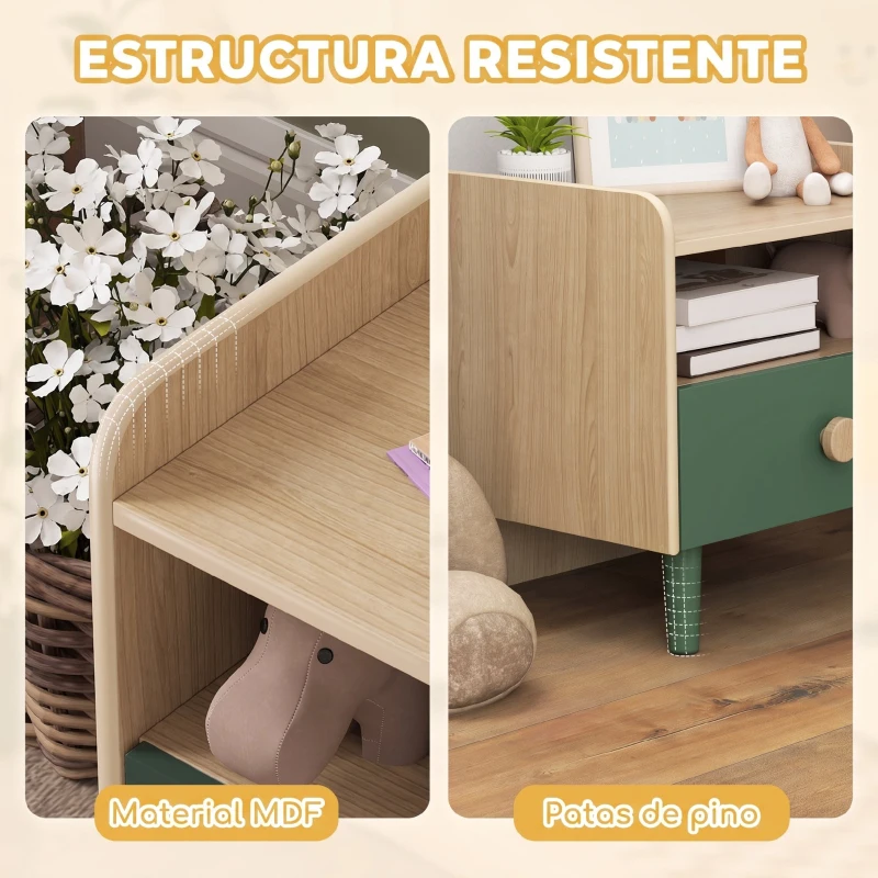 AIYAPLAY Mesita de Noche para Niños de 3 a 10 Años con Cajón y Bordes Redondeados para Dormitorio Roble y Verde