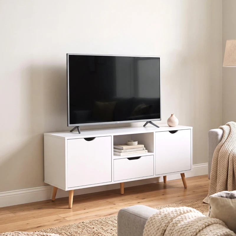 HOMCOM Mueble de TV con Cajón 2 Puertas y Estante Abierto Patas de Madera para Televisores 50 Pulgadas 110x40x50 cm Blanco