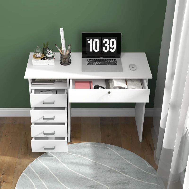 HOMCOM Scrivania Moderna con 5 Cassetti e Scomparto Aperto con Serratura e 2 Chiavi, 110x50x76cm, Bianco