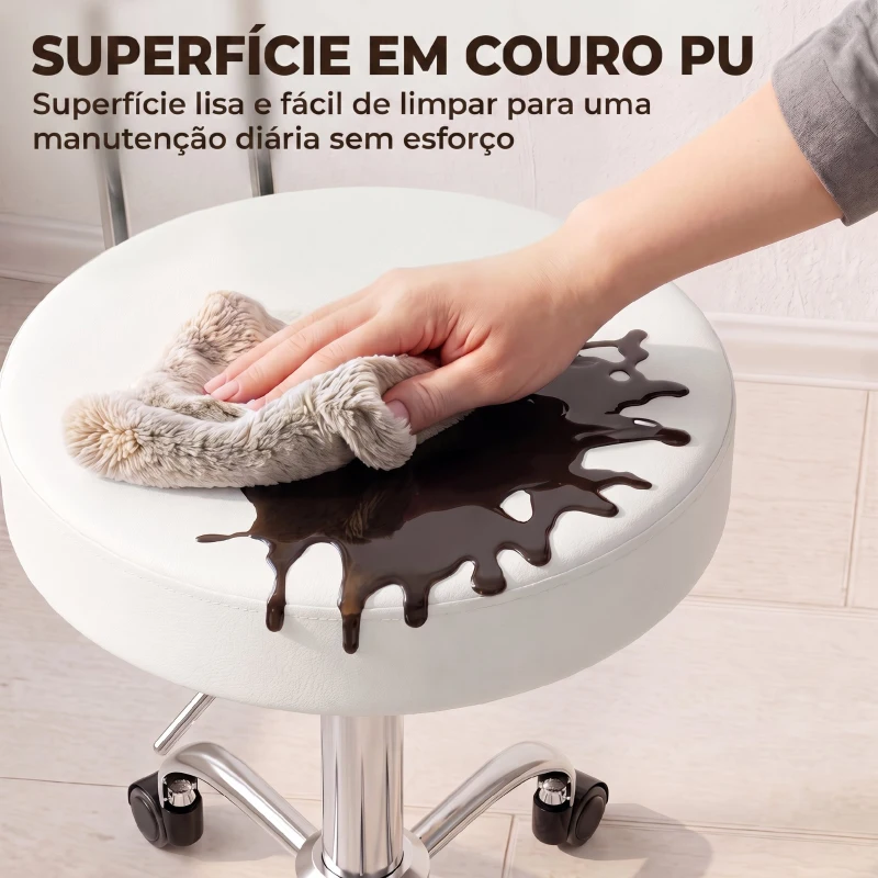 HOMCOM Banco com Rodas Giratório em Pele Sintética com Encosto e Altura Regulável para Spa, Escritório e Tatuagens, Branco