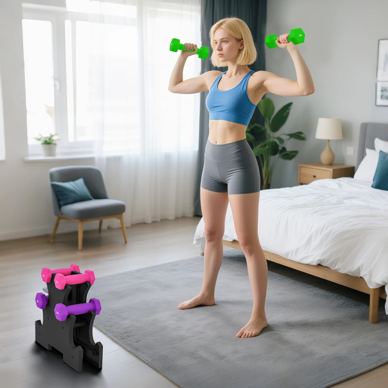 SPORTNOW Set de Mancuernas Hexagonal 2 x1kg 2 x2kg 2 x3kg con Soporte de Almacenamiento  para Entrenamiento en Casa Multicolor