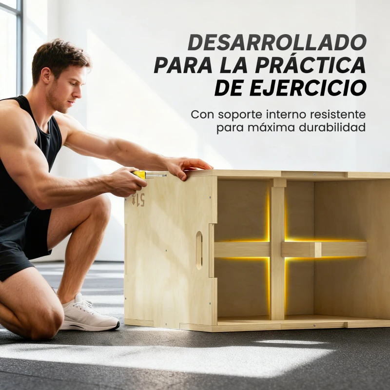HOMCOM Cajón de Salto de Madera 3 en 1 con 2 Mango Hueco Carga 120 kg para Casa Oficina Gimnasia 61x51x76 cm Madera Natural