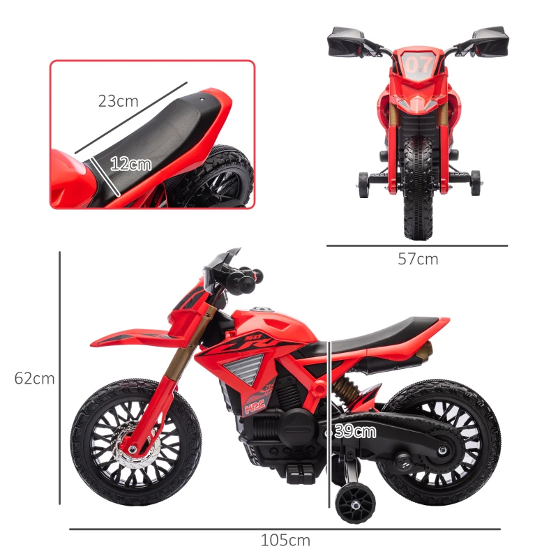 AIYAPLAY Mota Elétrica para Crianças  Moto a Bateria para Crianças 6V com Rodas de Treino e Buzina 105x57x62 cm Vermelha