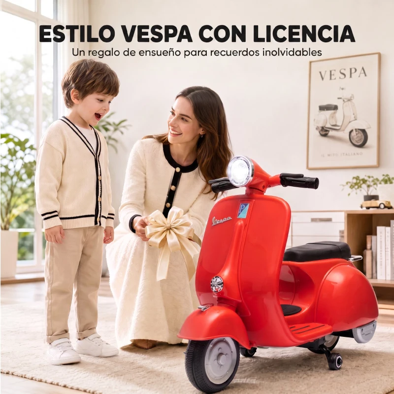 AIYAPLAY Moto Eléctrica para Niños Licencia VESPA Arranque Suave Ruedines Desmontables Luz Delantera Música, Bocina USB Rojo