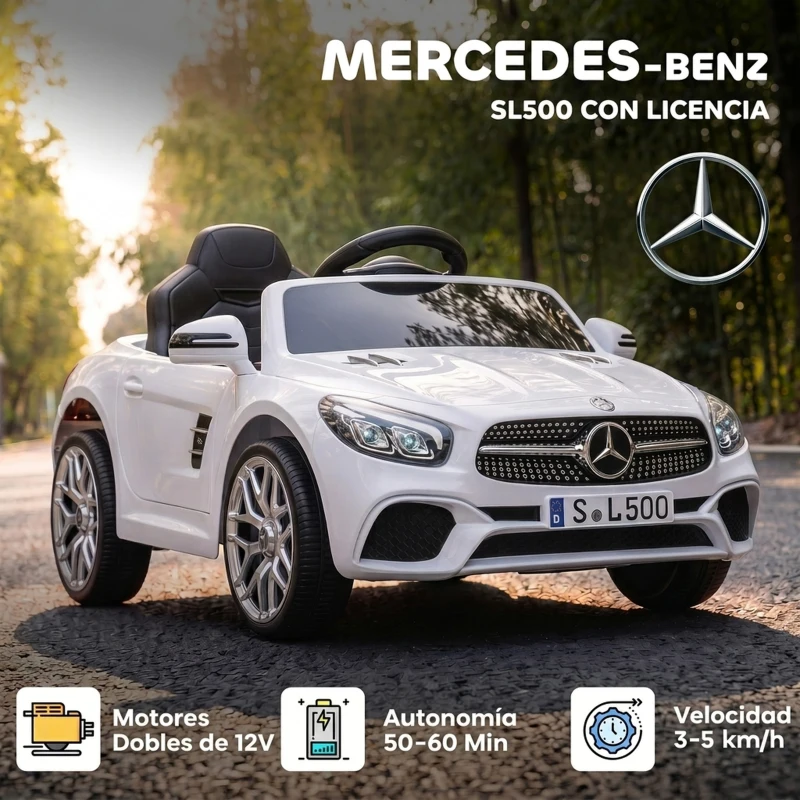 AIYAPLAY Coche Eléctrico de Niños Mercedes-Benz SL500 12V con Mando a Distancia 2,4G 2 Motores Suspensión Arranque Suave Blanco
