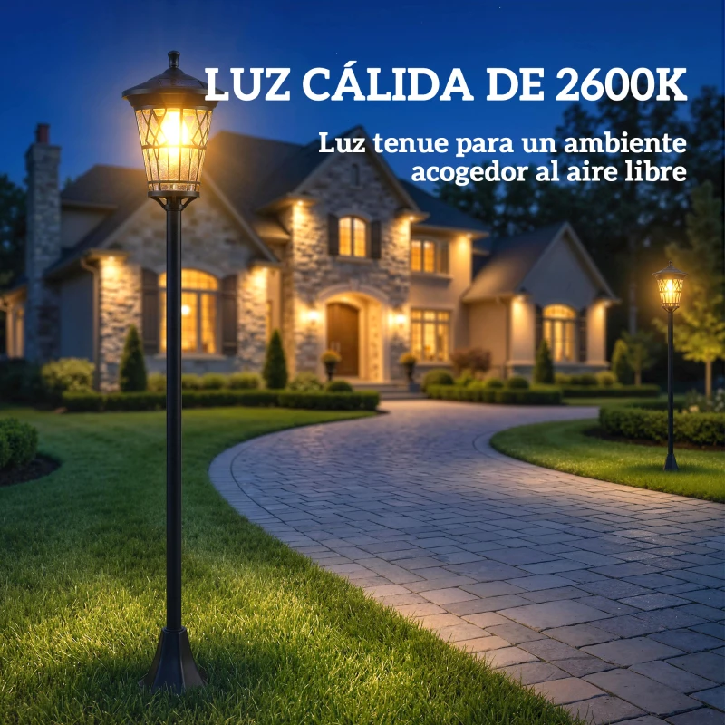 Outsunny Set de 2 Farolas Solares de Jardín con Altura Ajustable 2 Modos de Brillo IP44 Impermeable para Terraza Patio Negro