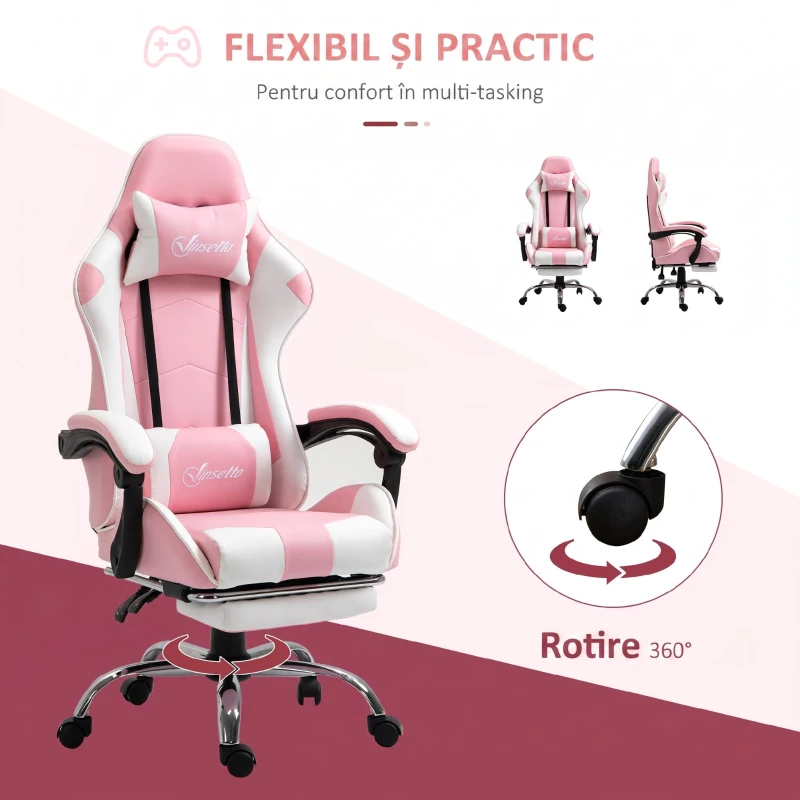 Vinsetto Scaun Gaming Ergonomic Reclinabil cu Tetieră, Pernă Lombară, Înălțime Reglabilă, Roz și Alb