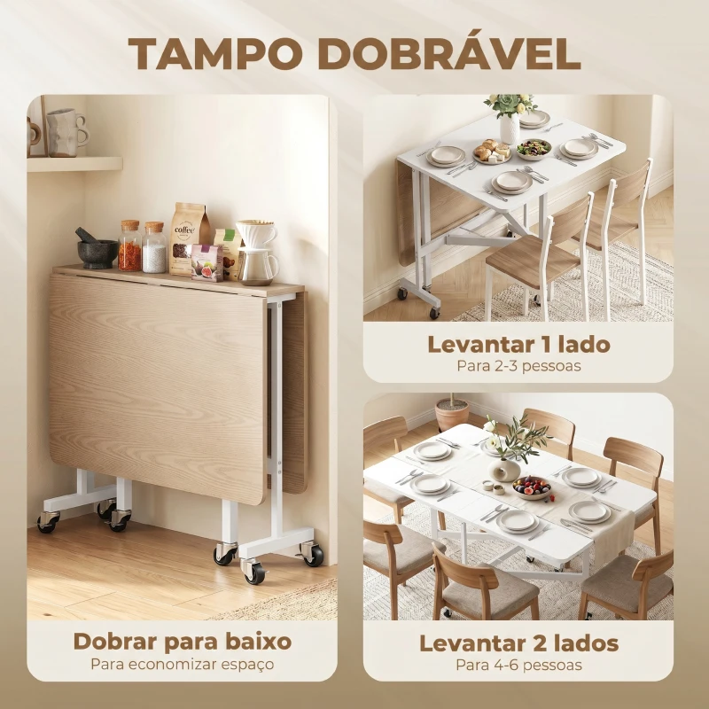 HOMCOM Mesa Dobrável de Cozinha para 4-6 Pessoas Mesa de Sala de Jantar Dobrável com Rodas e Laterais Dobráveis 120x80x73 cm Branco