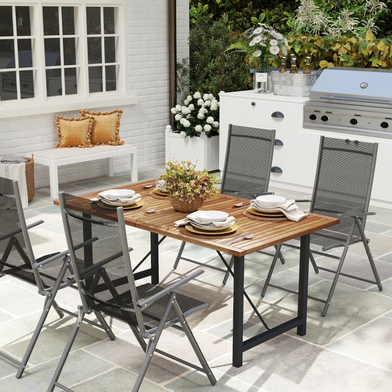 Outsunny Tavolo da Giardino 160x90 cm in Legno di Acacia e Acciaio con Piano a Doghe, Teak