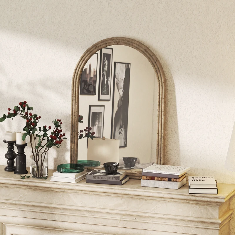 HOMCOM Modern Wall-Mounted Mirror, Arched Wall Mirror with Grooved Edge for Living Room, Entryway, Hallway, Brown