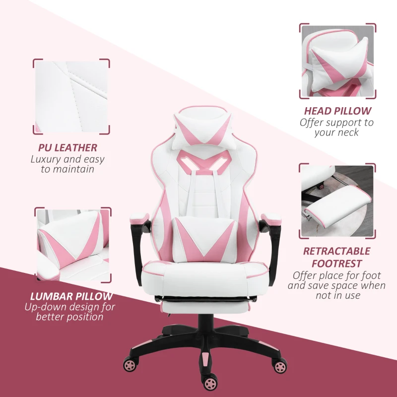 Vinsetto Computer Gaming Chair, Racing Desk Chair with Lumbar Support and Footrest, PU Leather Gamer Chair with Headrest and Swivel Wheels for Home, Pink