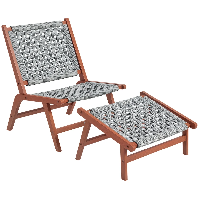 Outsunny Fauteuil de jardin avec repose-pieds - chaise relax en bois d'acacia et corde résine tressée - naturel, gris