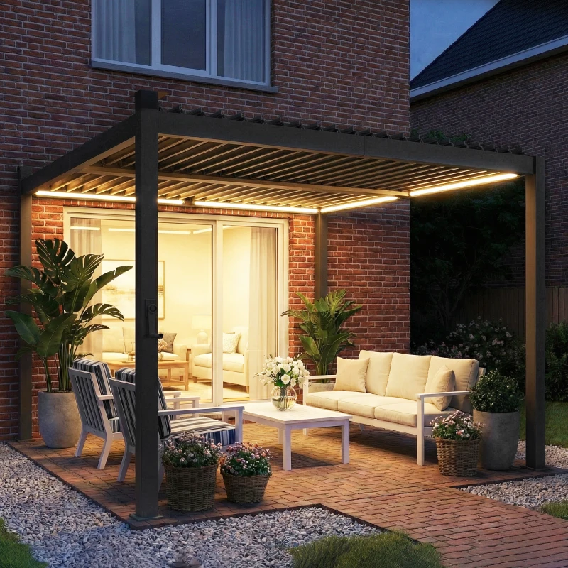 Outsunny 3 x 3 m Louvered Pergola with Solar LED lights, Metal Roof, Patio Gazebo Pergola Canopy with Drainage Gutters, Black