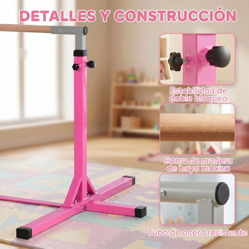 HOMCOM Barra de Gimnasia para Niños de +3 Años Barra de Entrenamiento Altura Ajustable 92-150 cm Carga 75 kg 194x121x150cm Rosa