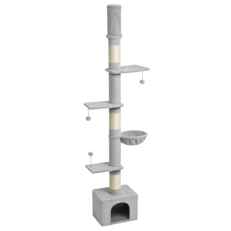 PawHut Floor to Ceiling Cat Tree, 230-250cm Multi-Level Cat Tower with Adjustable Height, Scratching Posts, Condo, Platforms