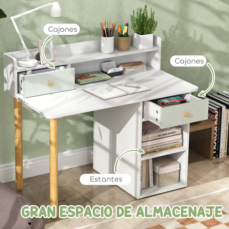 AIYAPLAY Juego de Escritorio Infantil con Silla Pupitre Infantil con Cajones Compartimento y Estantes Verde Claro y Blanco