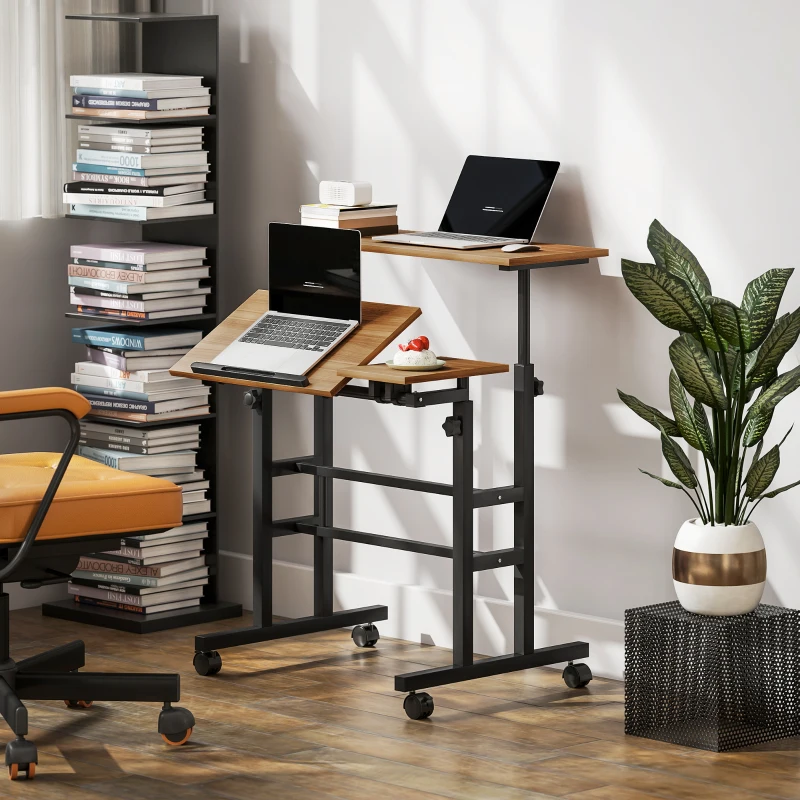 HOMCOM Bureau assis debout bureau réglable en hauteur 70 x 60 cm à roulettes avec plateau inclinable cadre en métal marron