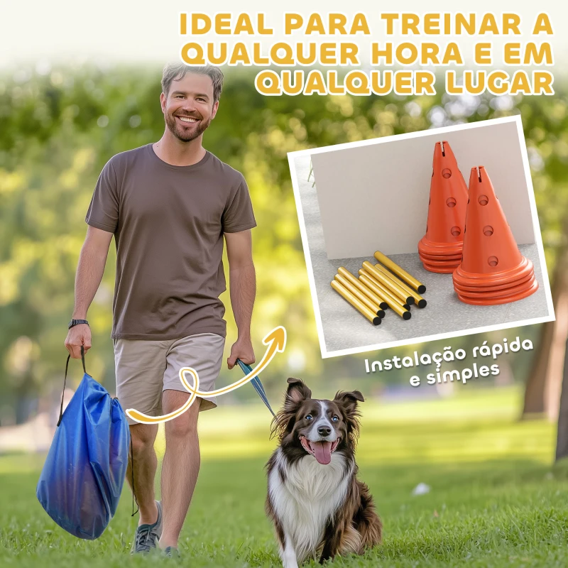PawHut Conjunto de Agilidade para Cães Barreiras de Obstáculos para Treino de Coordenação 8 Cones 8 Barras Bolsa de Transporte Laranja