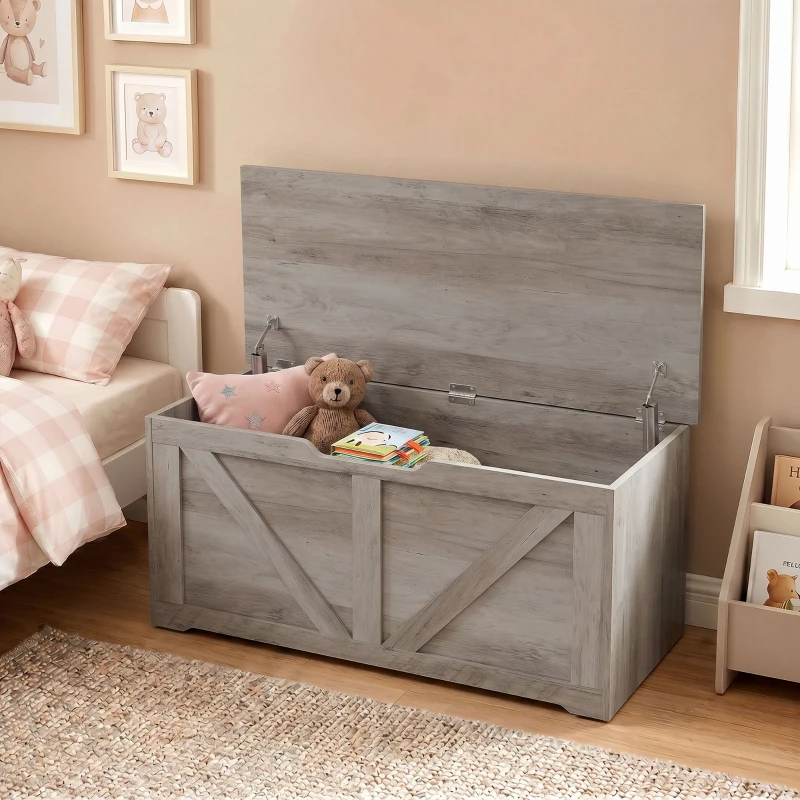 HOMCOM 127L Home Storage Box, with Safety Hinges - Grey Wood-Effect