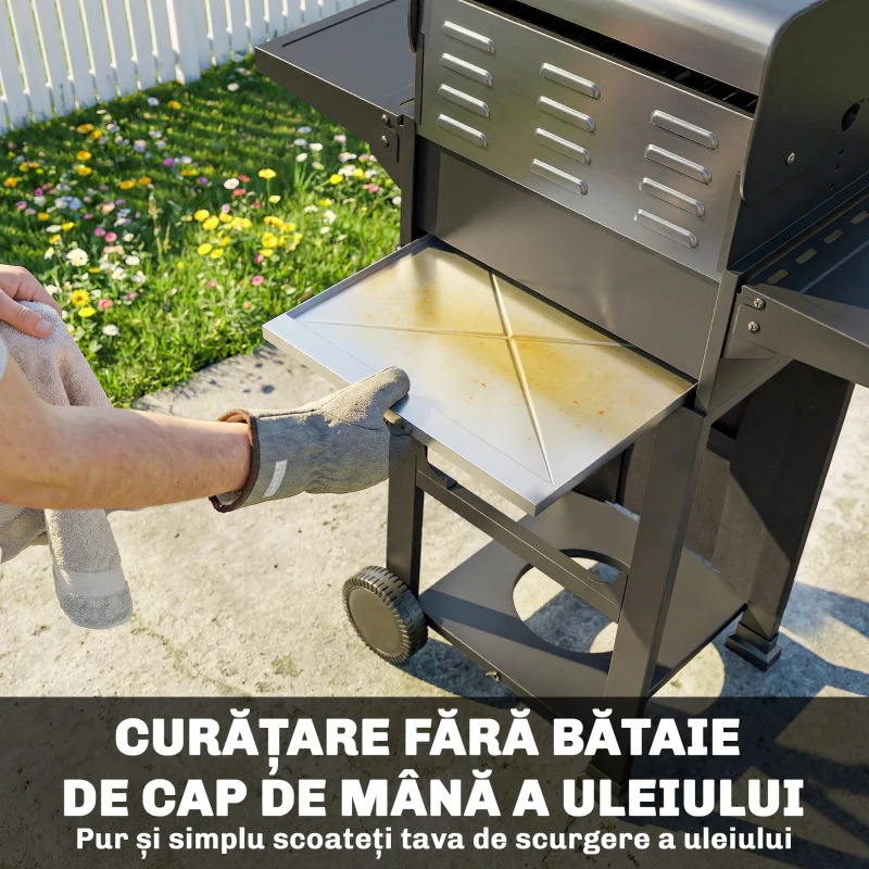 Outsunny Grătar pe Gaz cu 2 Arzătoare și Rafturi Pliabile, Negru