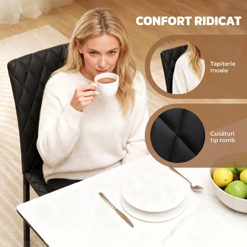 HOMCOM Set de 4 scaune pentru dining din piele sintetică cu cusături romboidale și picioare din metal, negru(m-5)
