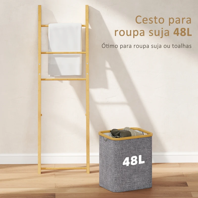 HOMCOM Estante para Casa de Banho de Bambu com 3 Barras e Cesto para Roupa Suja Removível de 48 L 43x35x133 cm Cinzento